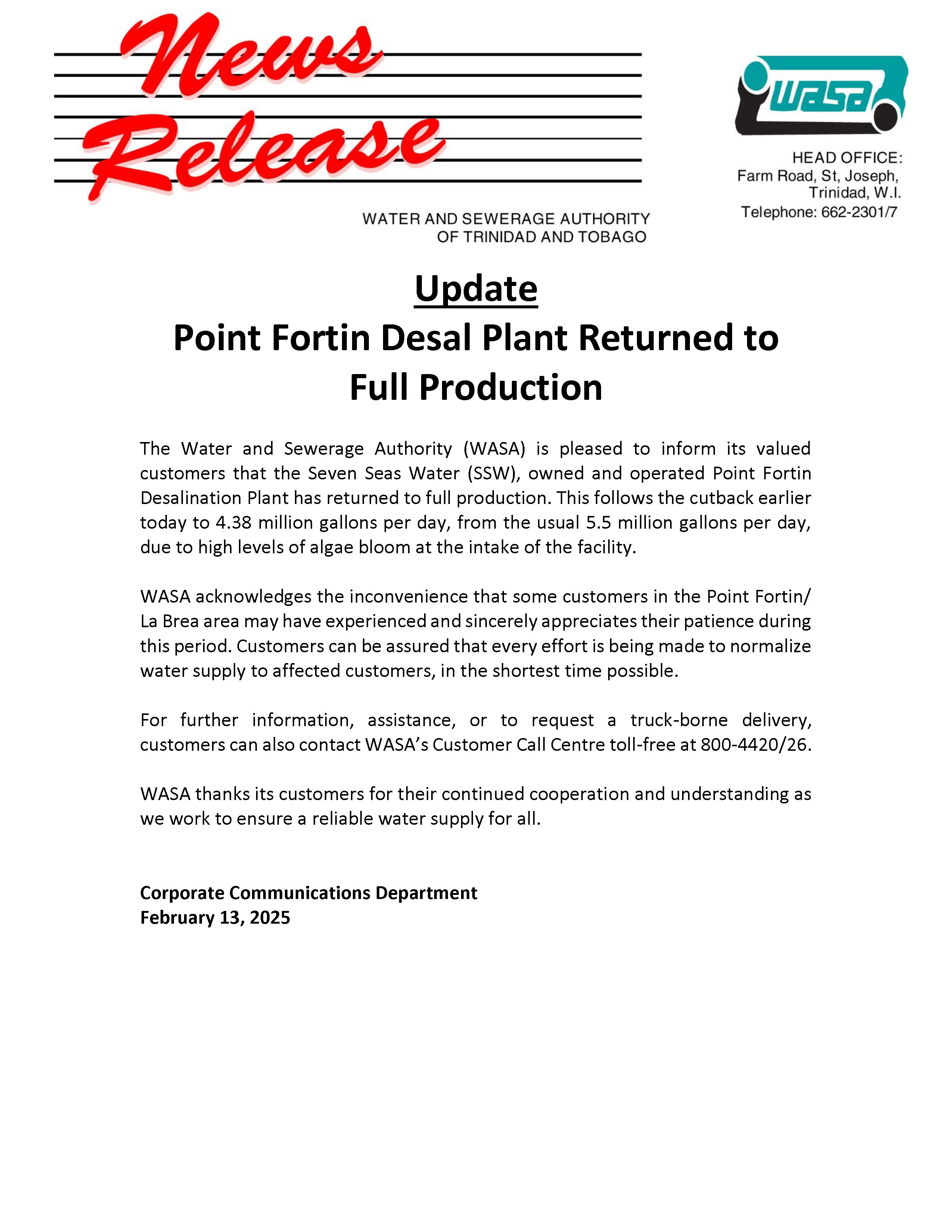 Update - Pt Fortin Desal returned to full production